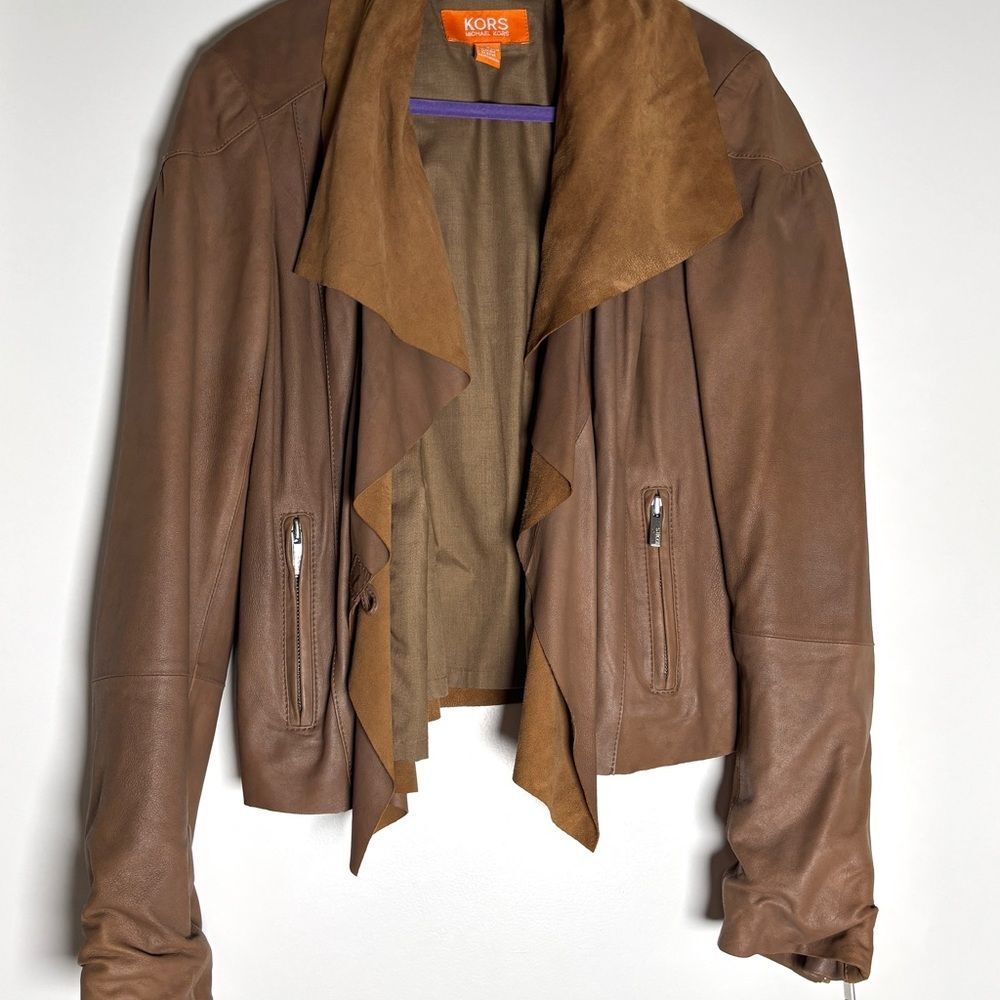 Vintage Michael Kors Brown Leather Jacket | Suede Collar Waterfall Moto Style |